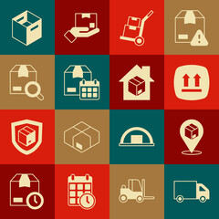 Set Delivery cargo truck, Location with cardboard box, This side up, Hand and boxes, Cardboard calendar, Search package, Carton and Home delivery services icon. Vector