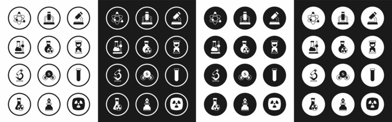 Set Microscope, Test tube with toxic liquid, flask on stand, Atom, Old hourglass, and icon. Vector