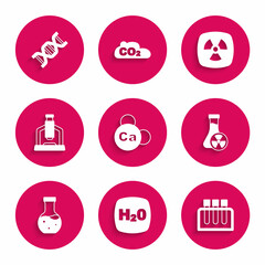 Set Mineral Ca Calcium, Chemical formula H2O, Test tube, with toxic liquid, Microscope, Radioactive and DNA symbol icon. Vector