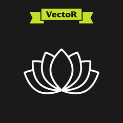 White line Lotus flower icon isolated on black background. Vector