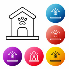 Black line Dog house and paw print pet icon isolated on white background. Dog kennel. Set icons colorful circle buttons. Vector