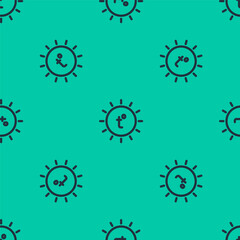 Blue line Sun icon isolated seamless pattern on green background. Summer symbol. Good sunny day. Vector
