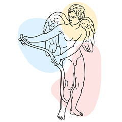  Vector illustration of Eros Stringing the Bow. Line drawing of ancient greek sculpture Cupid with color spots background.