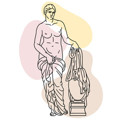 Vector illustration of antique statue of Aphrodite of Knidos. Line drawing of ancient greek sculpture of goddess with color spots background.
