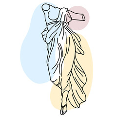 Vector illustration of antique statue of woman. Line drawing of ancient greek sculpture with color spots background.