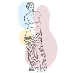 Vector illustration of antique statue of Aphrodite. Line drawing of ancient greek sculpture with color spots background. © Viktoria
