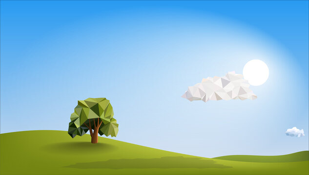 Low poly spring summer landscape background, polygon design template , can use for environment wallpaper concept. vector art and illustration.
