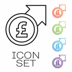 Black line Financial growth and pound sterling coin icon isolated on white background. Increasing revenue. Set icons colorful. Vector