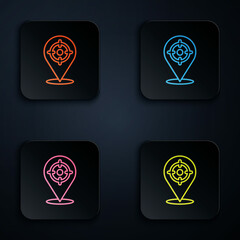 Color neon line Target sport icon isolated on black background. Clean target with numbers for shooting range or shooting. Set icons in square buttons. Vector