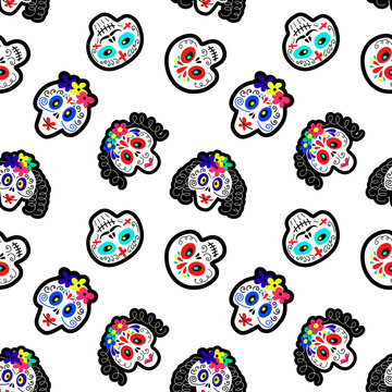 Vector illustration of seamless pattern with various multicolored traditional Mexican calaveras or sugar skulls for Day of Dead celebration on white background
