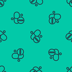 Blue line Vitamin complex of pill capsule icon isolated seamless pattern on green background. Healthy lifestyle. Vector