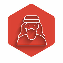 White line Muslim man icon isolated with long shadow background. Red hexagon button. Vector