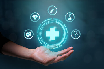 Healthcare concept with futuristic design and graphics. Medical treatment icons.