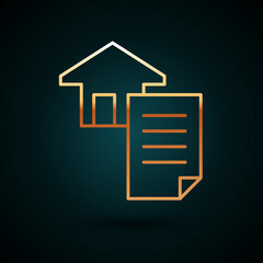 Gold line House contract icon isolated on dark blue background. Contract creation service, document formation, application form composition. Vector
