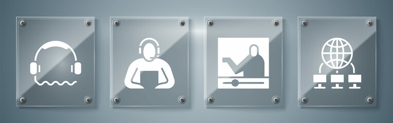 Set Computer network, Online education, Student and Headphones. Square glass panels. Vector
