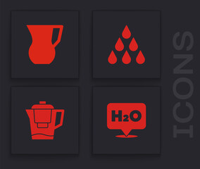 Set Chemical formula for H2O, Jug glass with water, Water drop and jug filter icon. Vector