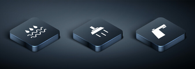 Set Isometric Wave with water drop, Water tap and Shower icon. Vector