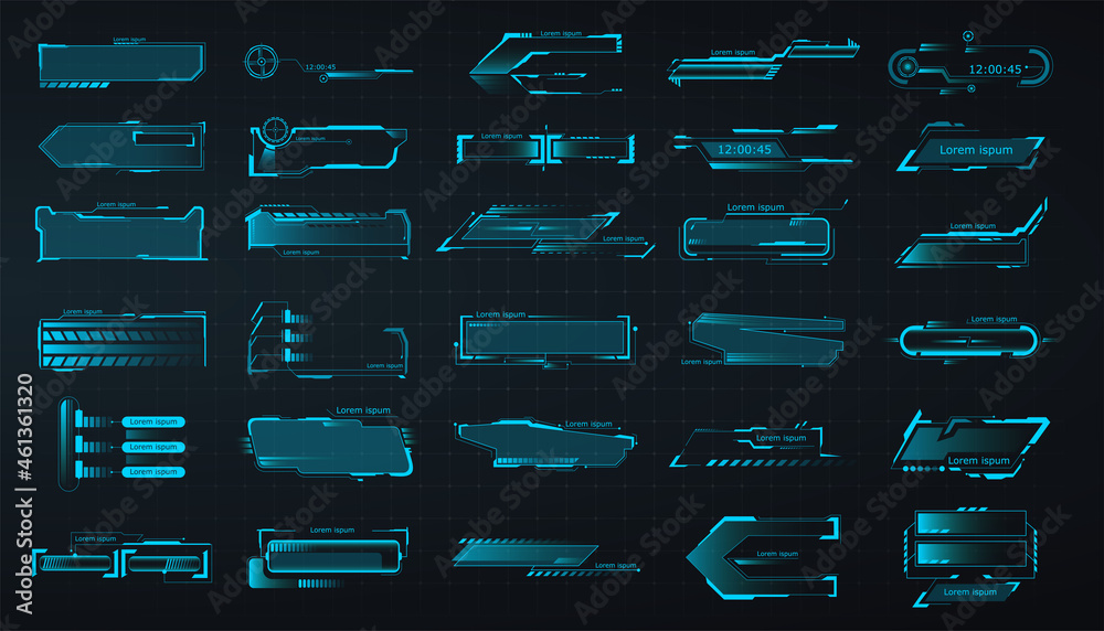Aufkleber Interface elements UI, GUI. HUD callout titles, information call box bars and digital info boxes.  Labels modern info. Tech digital frame templates.  Futuristic set advertising communication.  Vector
