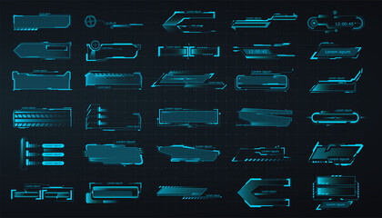 Interface elements UI, GUI. HUD callout titles, information call box bars and digital info boxes.  Labels modern info. Tech digital frame templates.  Futuristic set advertising communication.  Vector