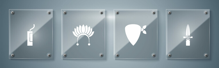 Set Dagger, Cowboy bandana, Indian headdress with feathers and Dynamite bomb. Square glass panels. Vector