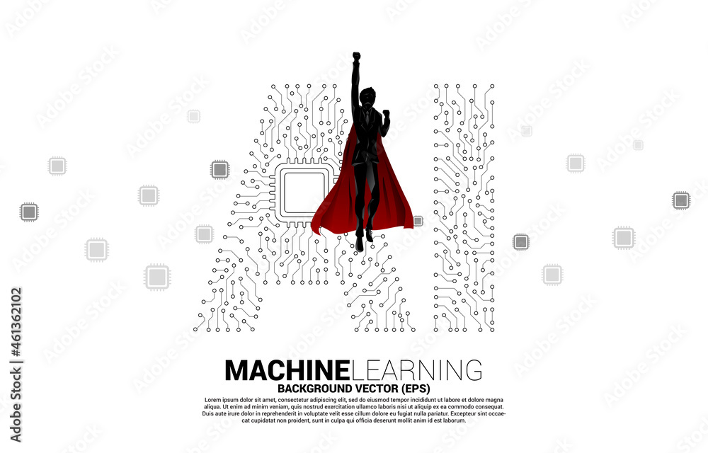 Poster Silhouette of superhero flying with dot connect line shaped AI and CPU center. Concept for machine learning and artificial intelligence.
