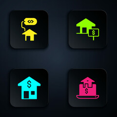 Set Online real estate, House with dollar, and . Black square button. Vector