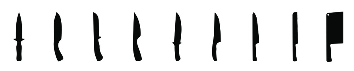 knife icons set. tactical, combat and kitchen knives. silhouettes illustration for digital design. eps10