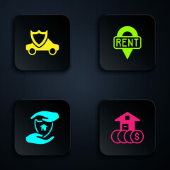 Set House with dollar, Car shield, and Location key. Black square button. Vector