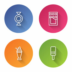 Set line Candy, Chocolate bar, Milkshake and Ice cream. Color circle button. Vector
