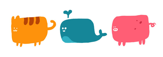 set of doodle illustrations of colored cute animals. a cat, whale, and pig in a funny shape. cartoon characters for kids.