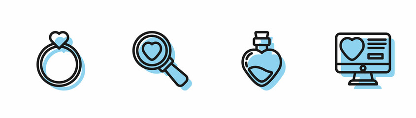 Set line Bottle with love potion, Wedding rings, Search heart and and Dating app online icon. Vector