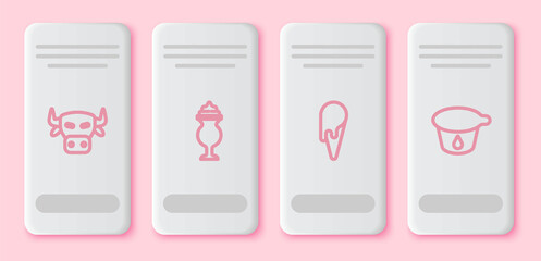 Set line Cow head, Milkshake, Ice cream in waffle cone and Yogurt container. White rectangle button. Vector