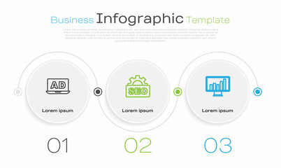 Set line Advertising, SEO optimization and Monitor with graph chart. Business infographic template. Vector