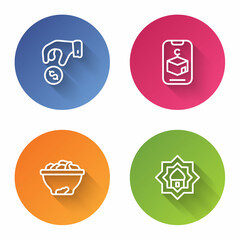 Set line Donate or pay your zakat, Star and crescent, Date fruit in bowl and Muslim Mosque. Color circle button. Vector