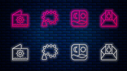 Set line Rosary beads religion, Ramadan fasting, Octagonal star and Donate or pay your zakat. Glowing neon icon on brick wall. Vector