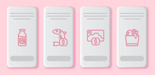 Set line Bottle with milk, Price tag for fish, Credit card and Shopping bag and food. White rectangle button. Vector