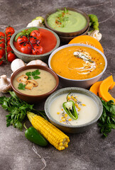 Assortment of vegetable autumn cream soups.