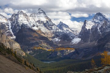 Lake O’Hara Alpine Basin Aerial View with Snow Covered Rocky Mountain Peaks of Continental Divide...