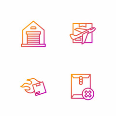 Set line Delete envelope, Carton cardboard box, Warehouse and Plane and. Gradient color icons. Vector