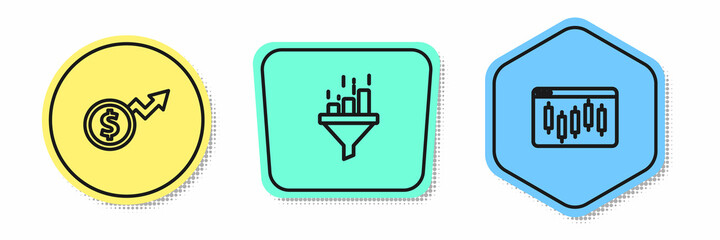 Set line Financial growth dollar, Sales funnel with chart and Browser stocks market. Colored shapes. Vector