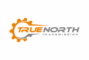 Gear mechanical, true north transmission, engineering machine logo design template vector