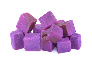 Pile of purple sweet potato cubes isolated on white background.