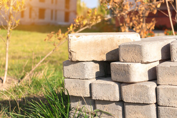 Paving slabs, construction site material close-up background photo