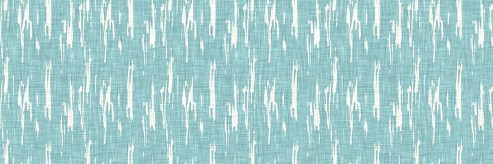 Aegean teal mottled border strip linen texture background. Summer coastal living style home decor fabric effect. Sea green wash grunge edge material. Decorative textile seamless pattern banner. 