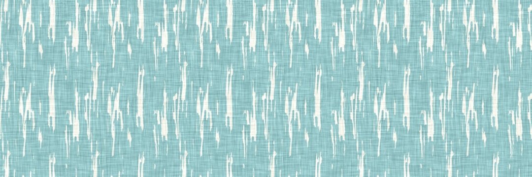 Aegean teal mottled border strip linen texture background. Summer coastal living style home decor fabric effect. Sea green wash grunge edge material. Decorative textile seamless pattern banner. 