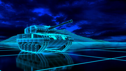 a neon glowing tank in a digital world (3d rendering)