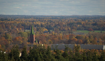 Fototapeta na wymiar Aerial view of Kuldiga town in sunny autumn day, Latvia.
