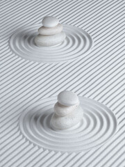 Fototapeta na wymiar japanese style minimal abstract background. zen garden and stone balance with white sand background. for cosmetic and product presentation. 3d rendering illustration.