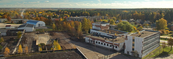 Aerial view of old industrial buildings in autumn day, Kuldiga, Latvia.