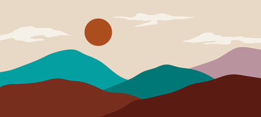 Abstract landscape collage. Nature wall decor contemporary art prints, mid century mountain posters. Vector illustration